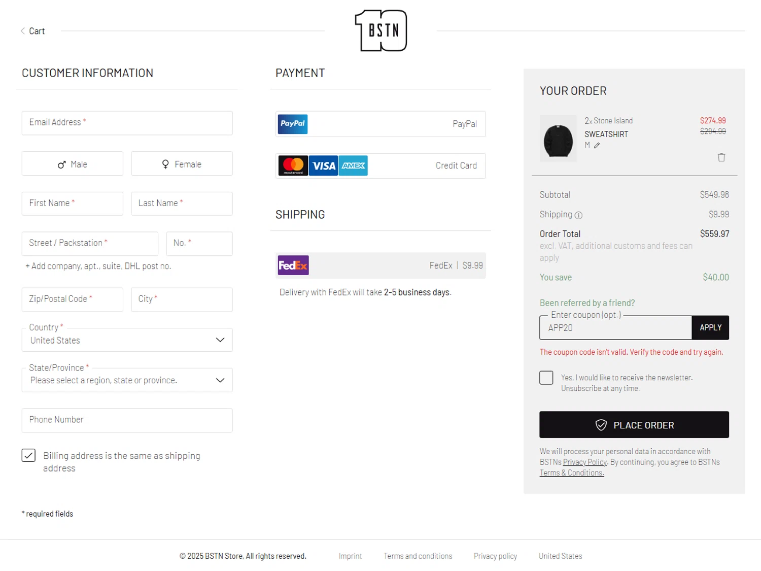 BSTN coupon code screenshot showing code APP20 applied at BSTN checkout page. Uploaded by SimplyCodes community member Chrisyks on Jul 29, 2025