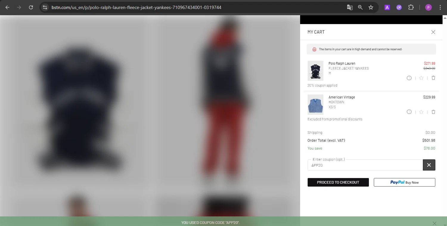 BSTN coupon code screenshot showing code APP20 applied at BSTN checkout page. Uploaded by SimplyCodes community member firoas on Jul 23, 2025
