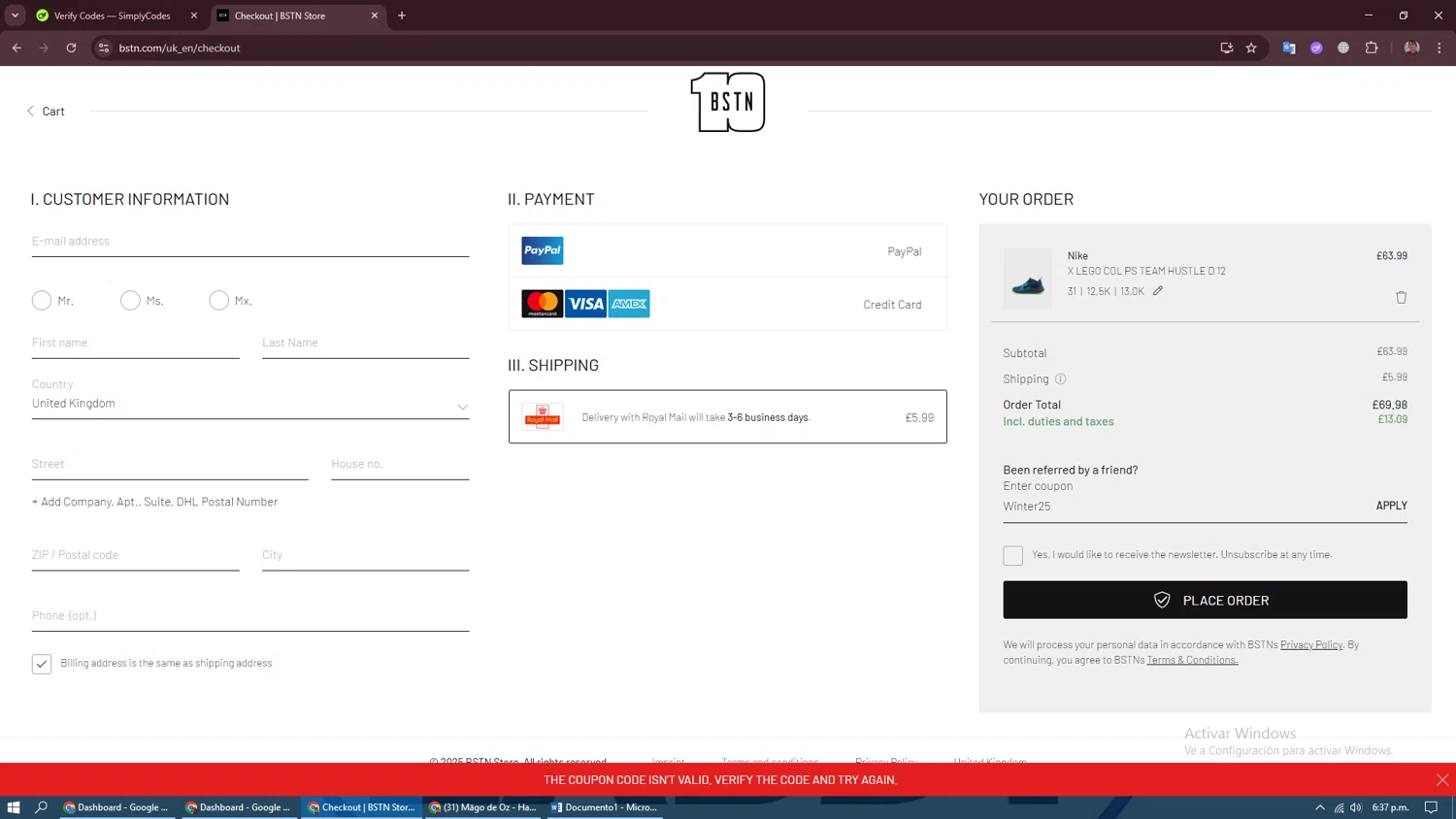 BSTN coupon code screenshot showing code Winter25 applied at BSTN checkout page. Uploaded by SimplyCodes community member CraazyTroll123 on Nov 26, 2025