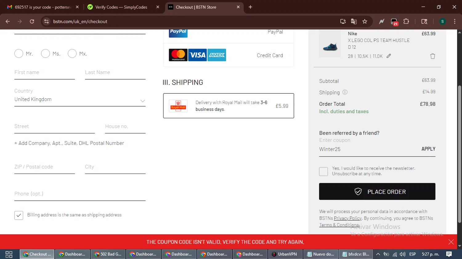 BSTN coupon code screenshot showing code Winter25 applied at BSTN checkout page. Uploaded by SimplyCodes community member ShrewdAce7935 on Nov 26, 2025