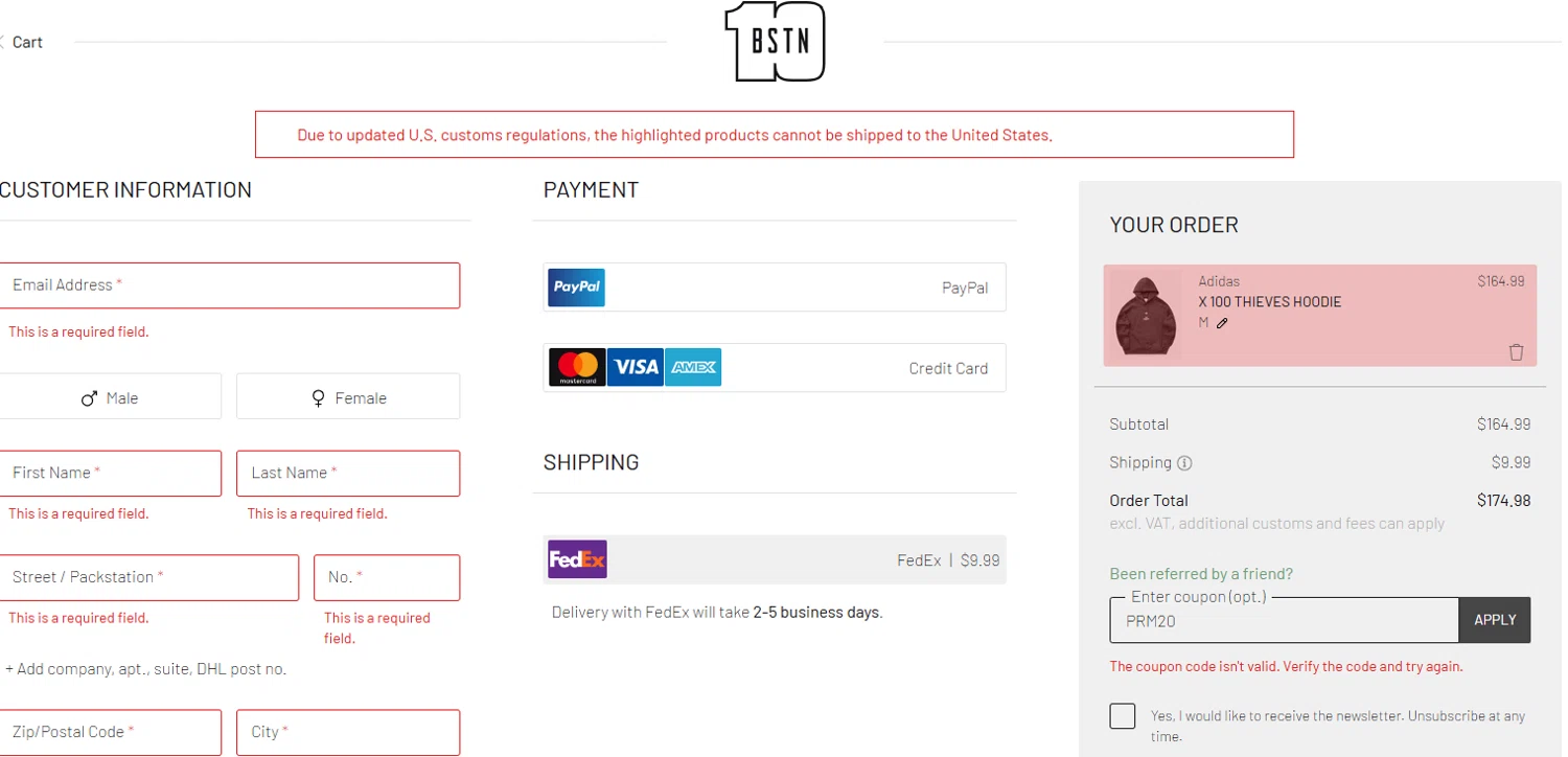 BSTN coupon code screenshot showing code PRM20 applied at BSTN checkout page. Uploaded by SimplyCodes community member jenifferalvarez on May 23, 2025