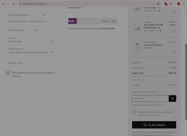 BSTN checkout page showing BSTN coupon code box | Screenshot taken by SimplyCodes community member on Aug 11, 2025