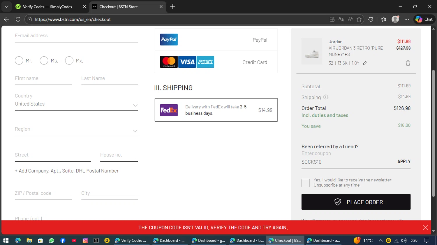 BSTN coupon code screenshot showing code SOCKS10 applied at BSTN checkout page. Uploaded by SimplyCodes community member Kaizen on Feb 11, 2026