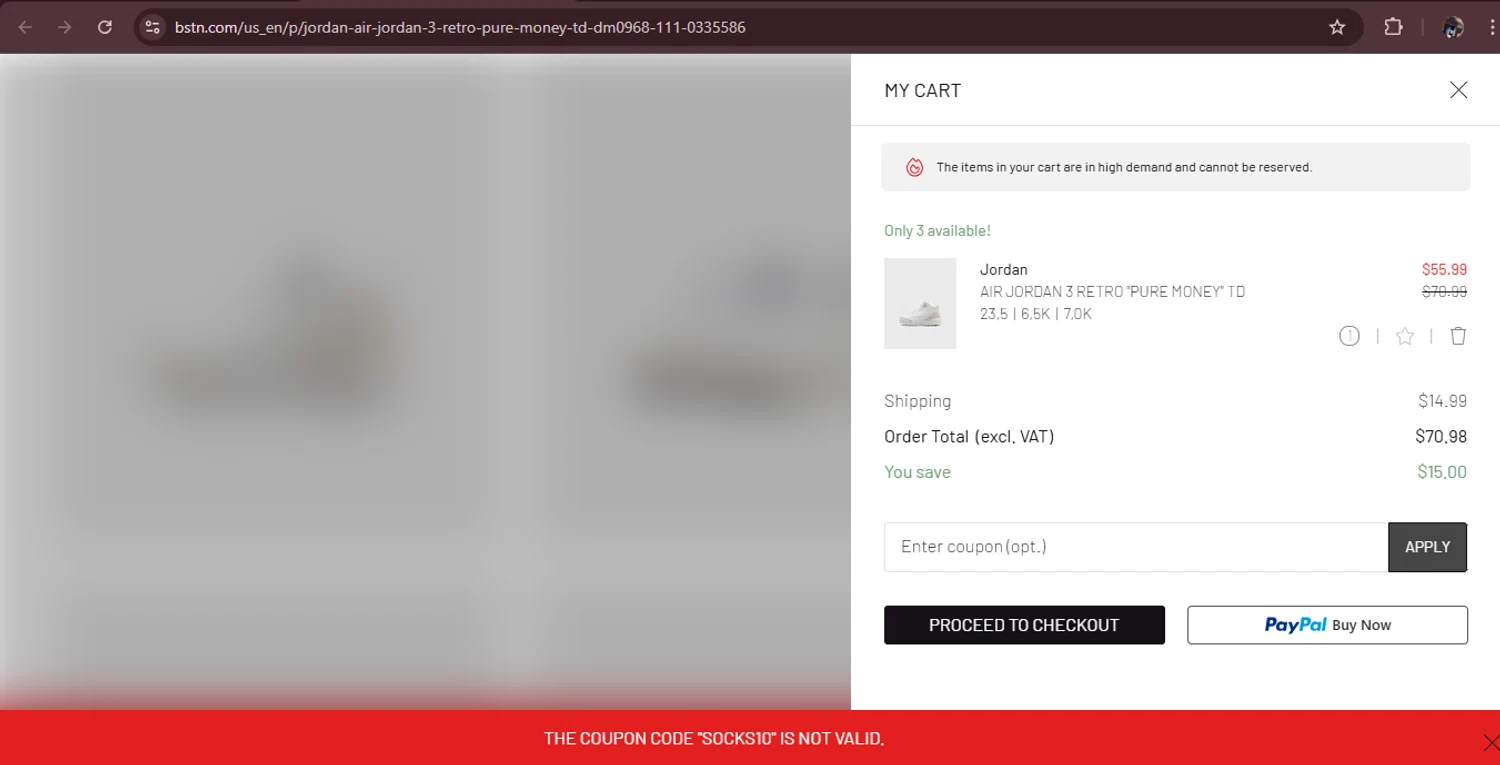 BSTN coupon code screenshot showing code SOCKS10 applied at BSTN checkout page. Uploaded by SimplyCodes community member MagnificentAdmiral9096 on Aug 25, 2025