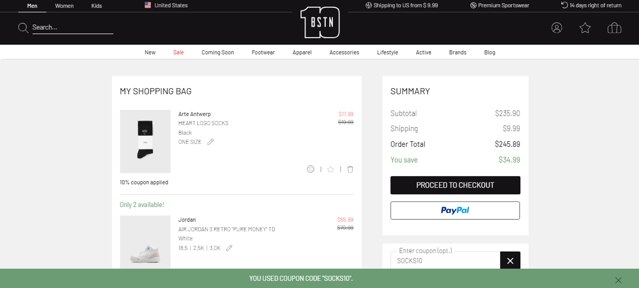 BSTN checkout page showing BSTN coupon code box | Screenshot taken by SimplyCodes community member on Aug 12, 2025