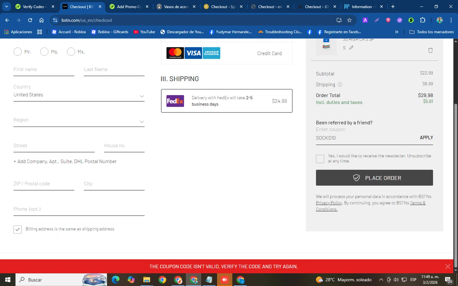 BSTN coupon code screenshot showing code SOCKS10 applied at BSTN checkout page. Uploaded by SimplyCodes community member helicoide on Feb 3, 2026