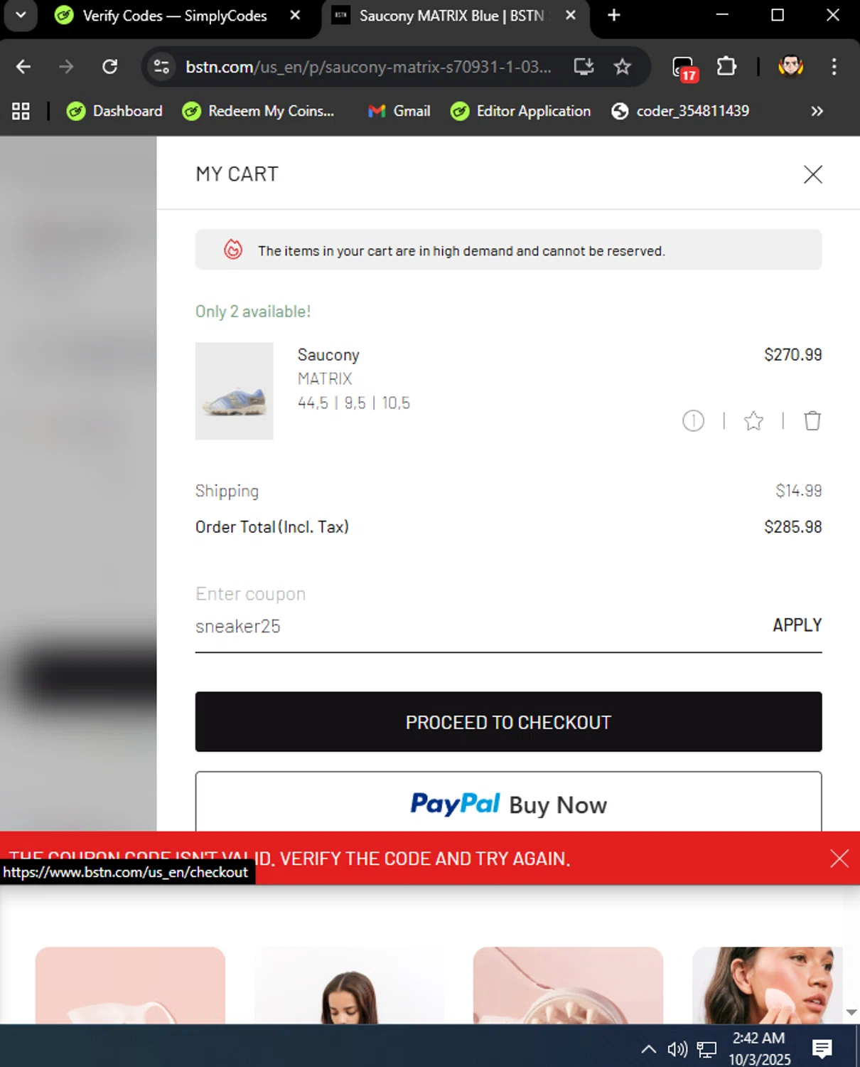 BSTN checkout page showing BSTN coupon code box | Screenshot taken by SimplyCodes community member on Oct 3, 2025