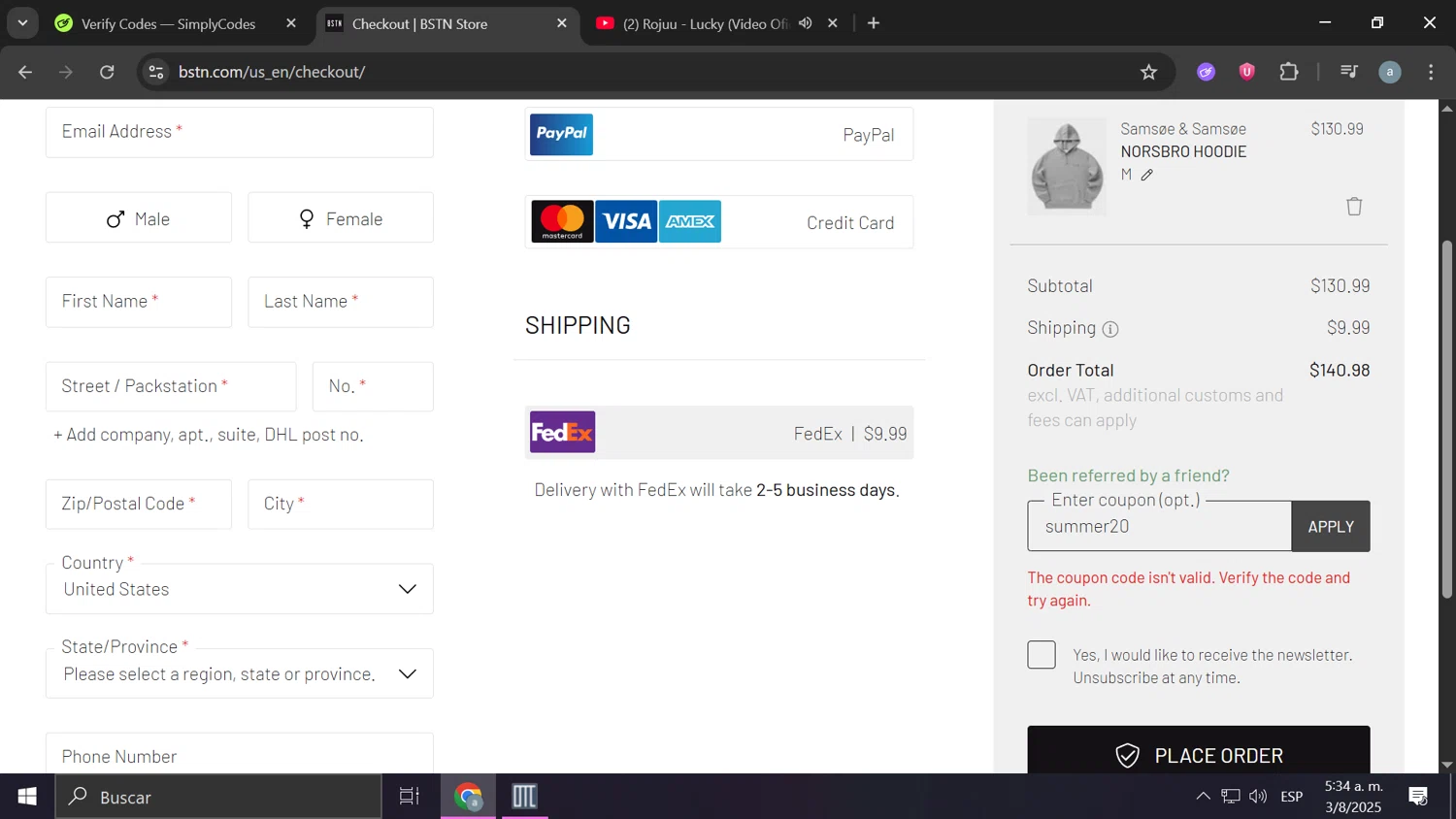 BSTN coupon code screenshot showing code summer20 applied at BSTN checkout page. Uploaded by SimplyCodes community member Anzus777 on Aug 3, 2025