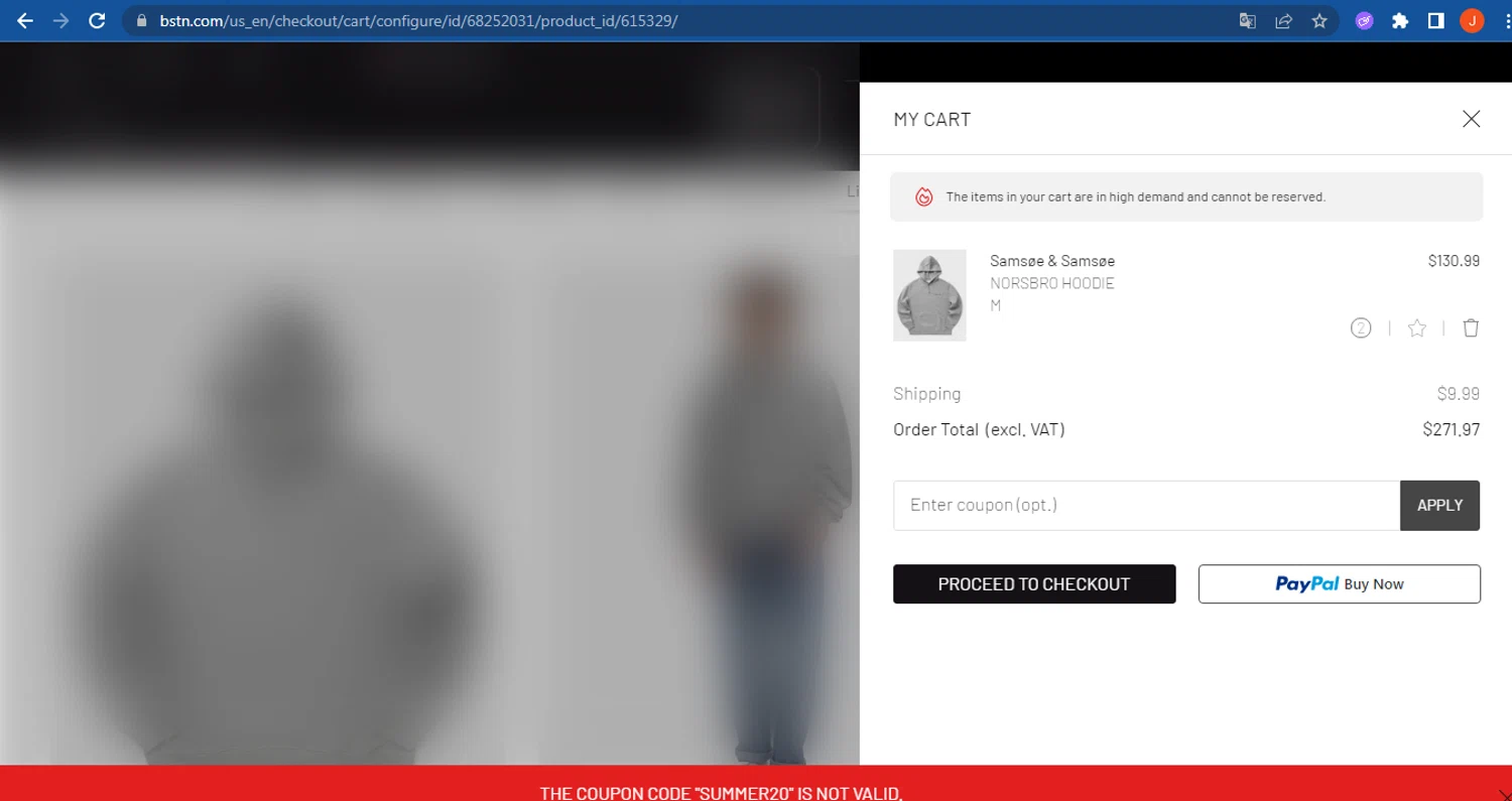 BSTN coupon code screenshot showing code summer20 applied at BSTN checkout page. Uploaded by SimplyCodes community member FranquizJoel on Aug 3, 2025