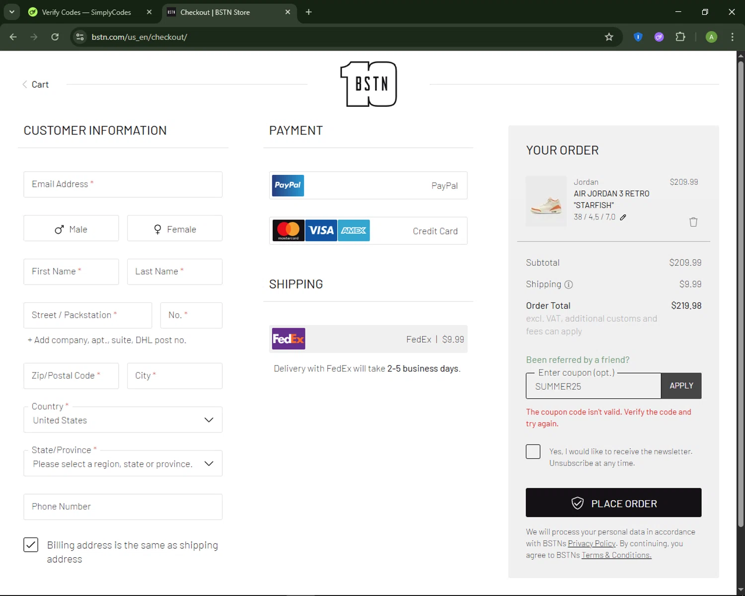 BSTN coupon code screenshot showing code SUMMER25 applied at BSTN checkout page. Uploaded by SimplyCodes community member MagnificentSaver708 on Aug 2, 2025