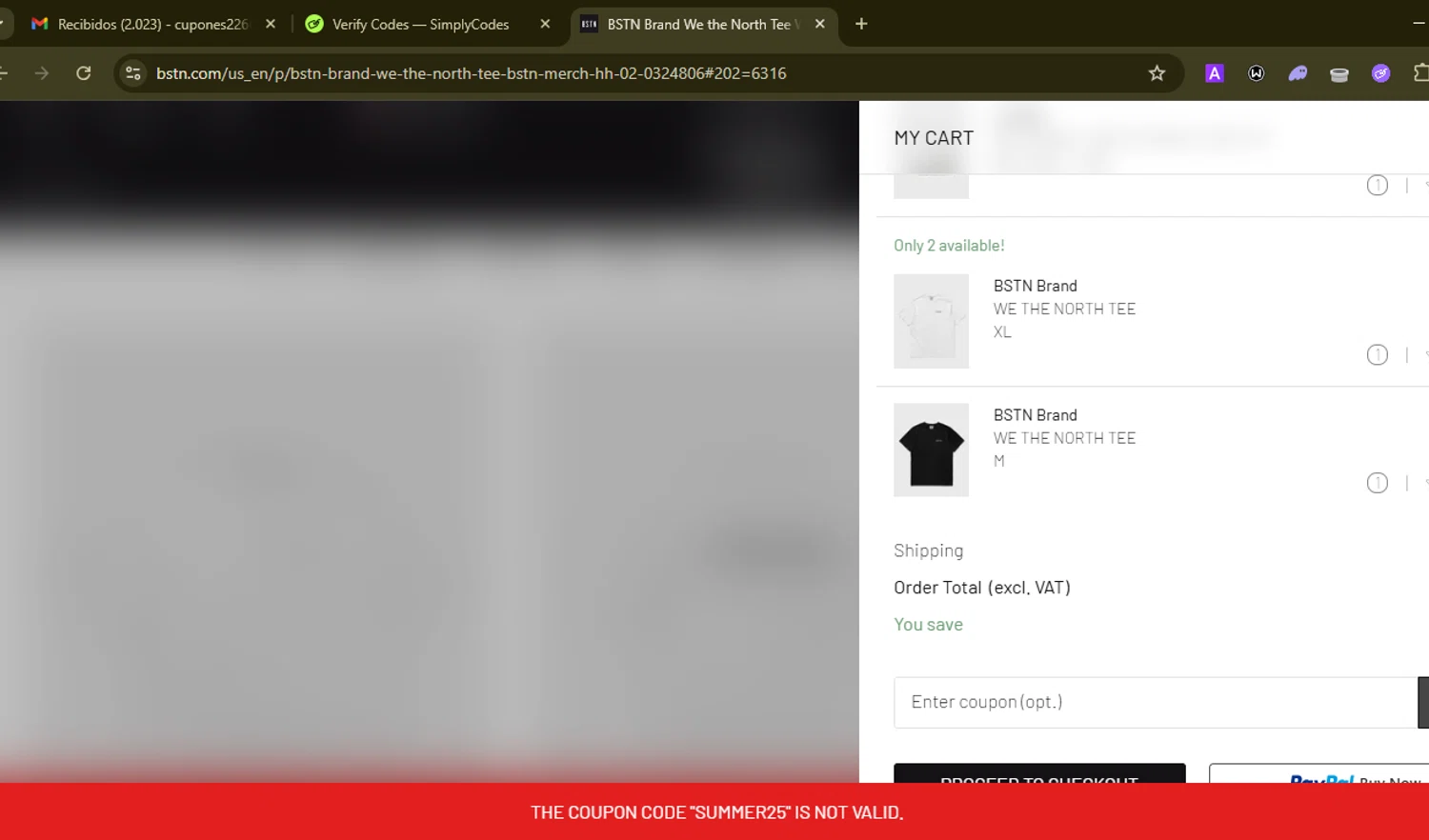 BSTN coupon code screenshot showing code SUMMER25 applied at BSTN checkout page. Uploaded by SimplyCodes community member SilverMonarch6357 on Aug 2, 2025