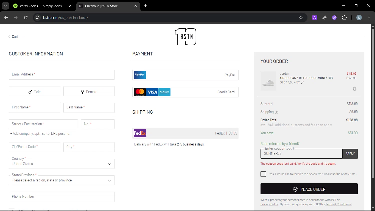 BSTN coupon code screenshot showing code SUMMER25 applied at BSTN checkout page. Uploaded by SimplyCodes community member SmartScholar9589 on Aug 2, 2025