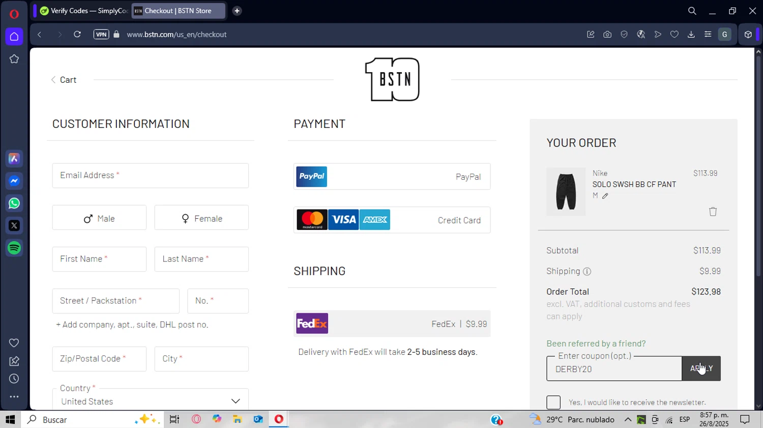 BSTN coupon code screenshot showing code DERBY20 applied at BSTN checkout page. Uploaded by SimplyCodes community member CrownWizard8571 on Aug 27, 2025