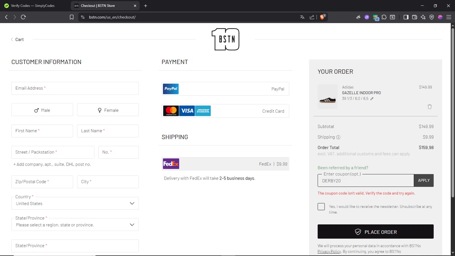 BSTN coupon code screenshot showing code DERBY20 applied at BSTN checkout page. Uploaded by SimplyCodes community member Morrachida04 on Aug 27, 2025