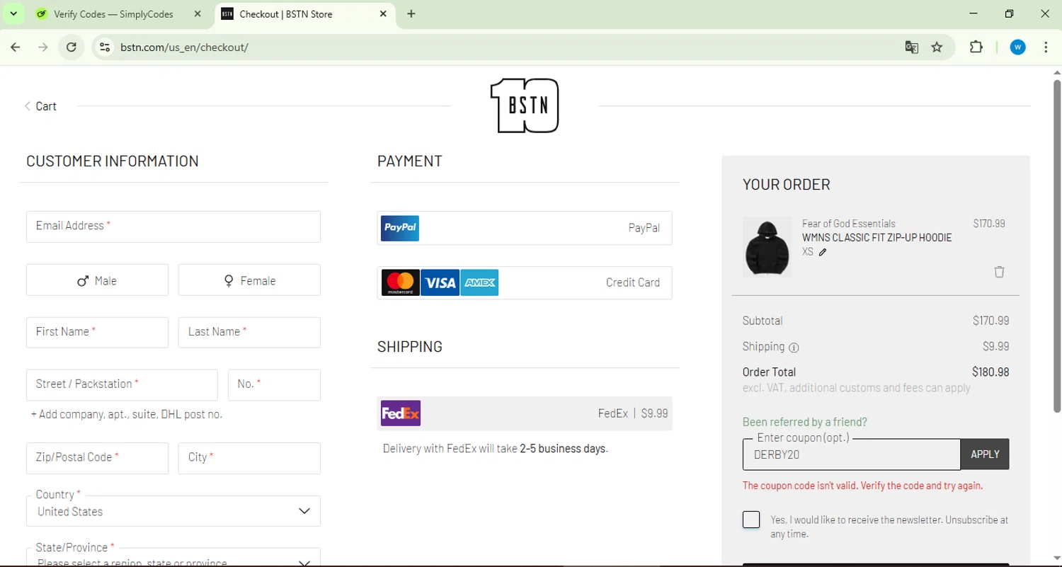 BSTN coupon code screenshot showing code DERBY20 applied at BSTN checkout page. Uploaded by SimplyCodes community member Underaiki on Aug 27, 2025