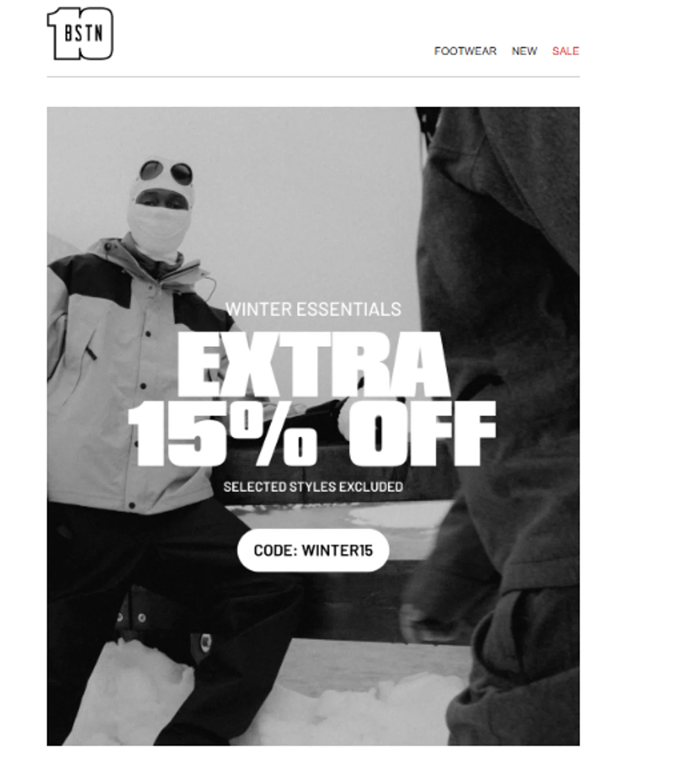 BSTN coupon code screenshot showing code WINTER15 applied at BSTN checkout page. Uploaded by SimplyCodes community member Aresss on Dec 5, 2025