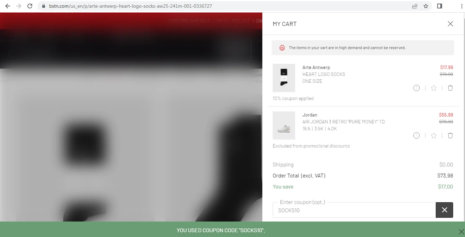 BSTN coupon code screenshot showing code SOCKS10 applied at BSTN checkout page. Uploaded by SimplyCodes community member NHOPESB on Aug 25, 2025