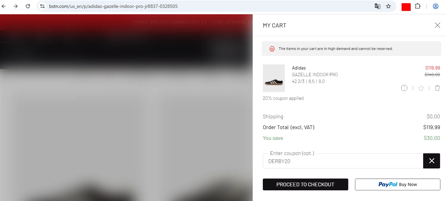 BSTN coupon code screenshot showing code DERBY20 applied at BSTN checkout page. Uploaded by SimplyCodes community member THEPOWER on Aug 27, 2025