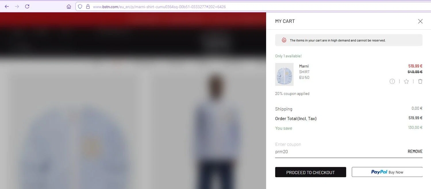 BSTN coupon code screenshot showing code prm20 applied at BSTN checkout page. Uploaded by SimplyCodes community member stygian1 on Dec 23, 2025