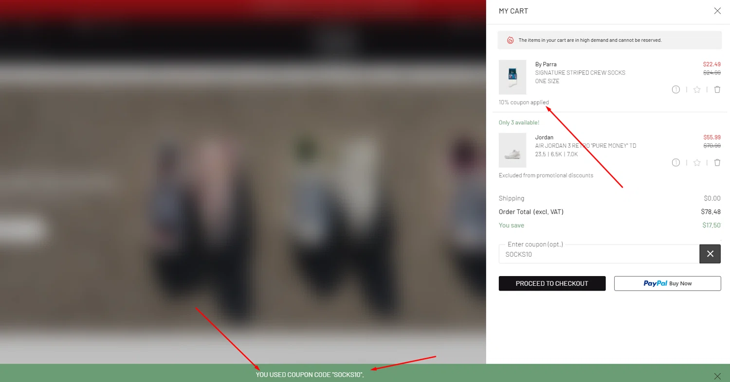 BSTN coupon code screenshot showing code SOCKS10 applied at BSTN checkout page. Uploaded by SimplyCodes community member valeriaantonieta on Aug 26, 2025
