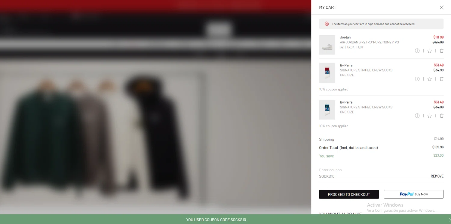 BSTN coupon code screenshot showing code SOCKS10 applied at BSTN checkout page. Uploaded by SimplyCodes community member valeriaantonieta on Jan 25, 2026