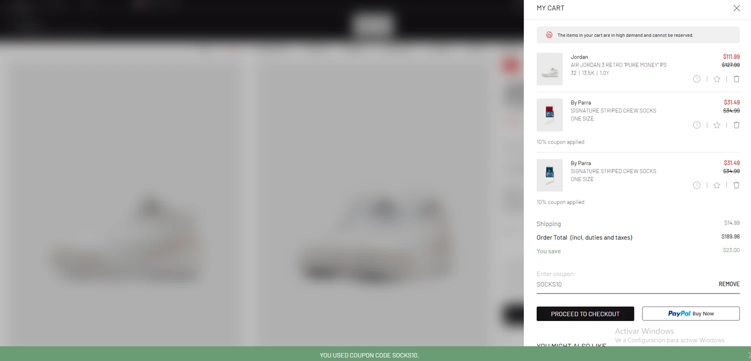 BSTN coupon code screenshot showing code SOCKS10 applied at BSTN checkout page. Uploaded by SimplyCodes community member valeriaantonieta on Feb 20, 2026