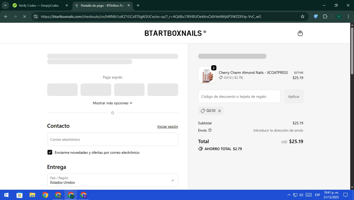 BTArtbox promo code screenshot showing code gg10 applied at BTArtbox checkout page. Uploaded by SimplyCodes community member rodri1 on Dec 22, 2025
