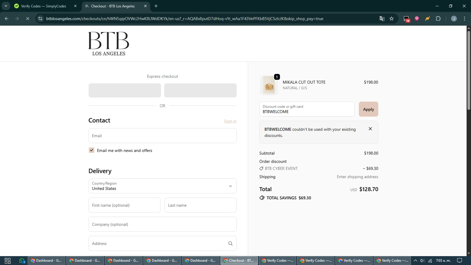 BTB Los Angeles promo code screenshot showing code BTBWELCOME applied at BTB Los Angeles checkout page. Uploaded by SimplyCodes community member CashShopper1214 on Nov 29, 2025