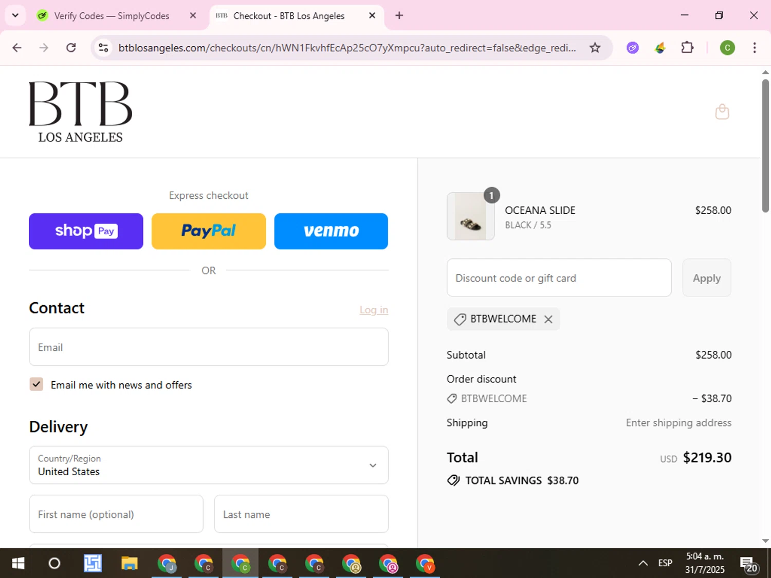 BTB Los Angeles promo code screenshot showing code BTBWELCOME applied at BTB Los Angeles checkout page. Uploaded by SimplyCodes community member RoyalKnight4673 on Jul 31, 2025