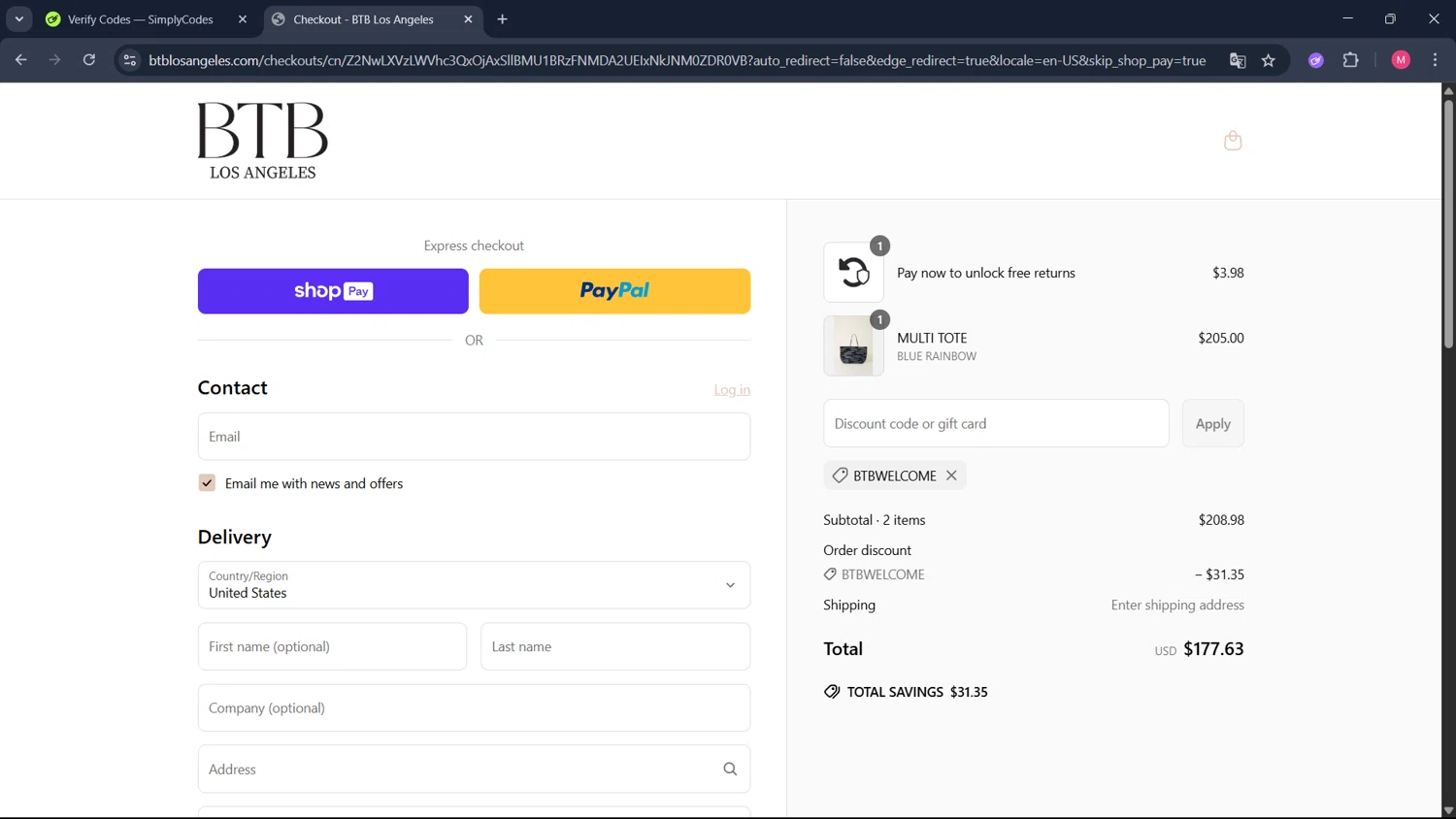 BTB Los Angeles promo code screenshot showing code BTBWELCOME applied at BTB Los Angeles checkout page. Uploaded by SimplyCodes community member ValueCollector4159 on Jun 21, 2025