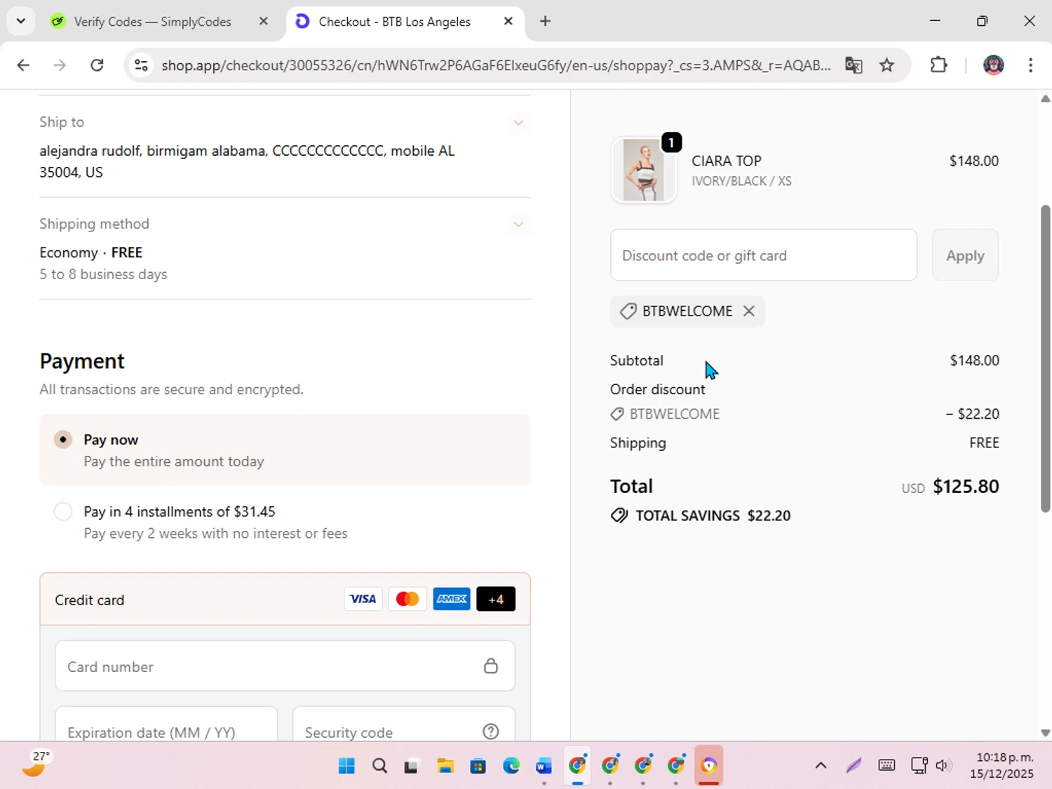 BTB Los Angeles checkout page showing BTB Los Angeles promo code box | Screenshot taken by SimplyCodes community member on Dec 16, 2025