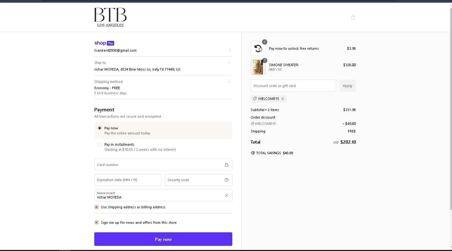 BTB Los Angeles promo code screenshot showing code WELCOME15 applied at BTB Los Angeles checkout page. Uploaded by SimplyCodes community member carlosra07 on Jan 25, 2025