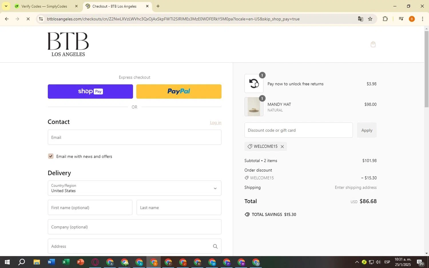 BTB Los Angeles promo code screenshot showing code WELCOME15 applied at BTB Los Angeles checkout page. Uploaded by SimplyCodes community member TreasureWarden2401 on Jan 25, 2025