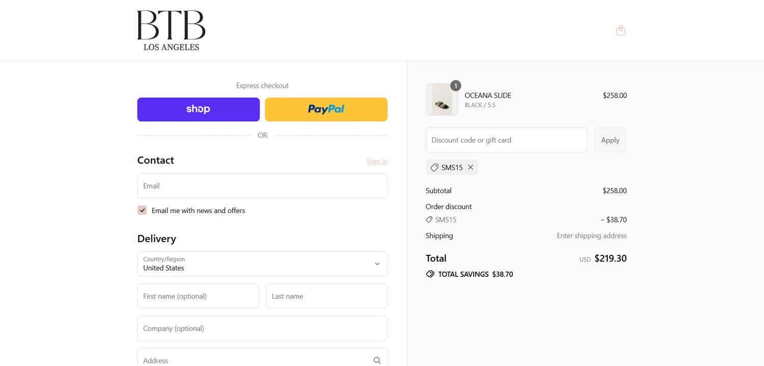 BTB Los Angeles promo code screenshot showing code sms15 applied at BTB Los Angeles checkout page. Uploaded by SimplyCodes community member Dorothy on Sep 9, 2025