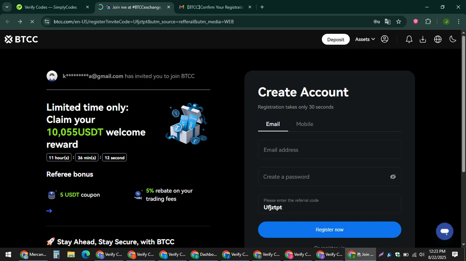 BTCC promo code screenshot showing code Ufjztpt applied at BTCC checkout page. Uploaded by SimplyCodes community member ShieldFinder369 on Aug 22, 2025