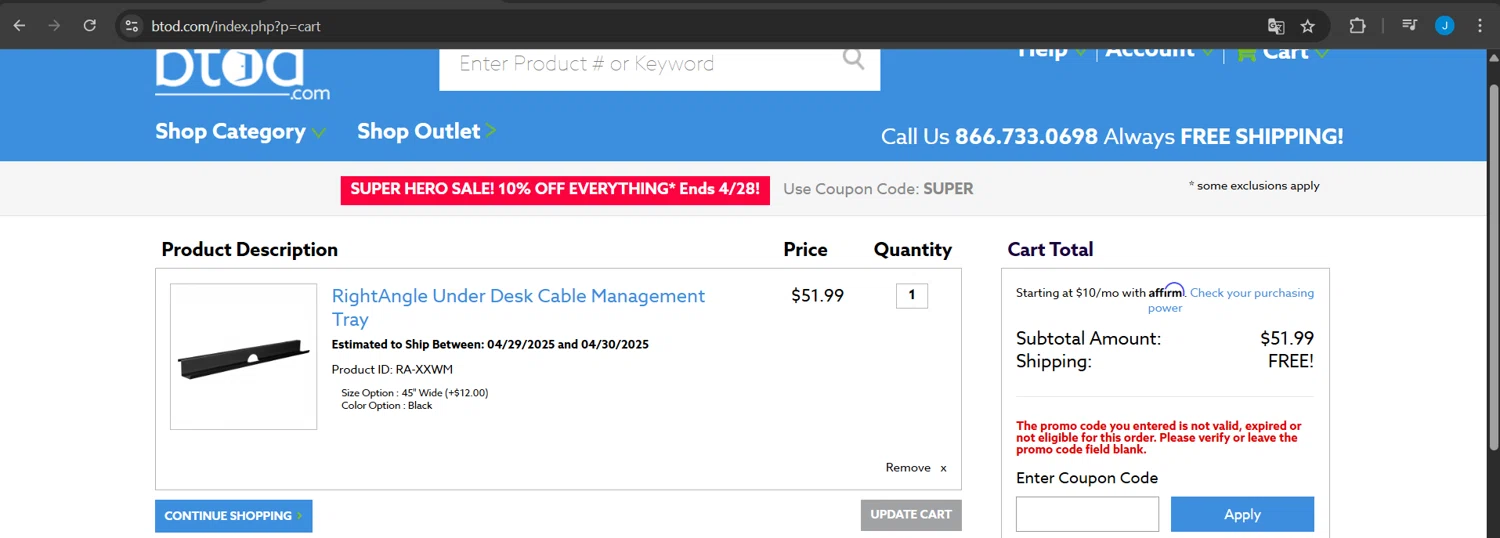 BTOD.com coupon code screenshot showing code SPRING applied at BTOD.com checkout page. Uploaded by SimplyCodes community member Jeanjc on Apr 26, 2025
