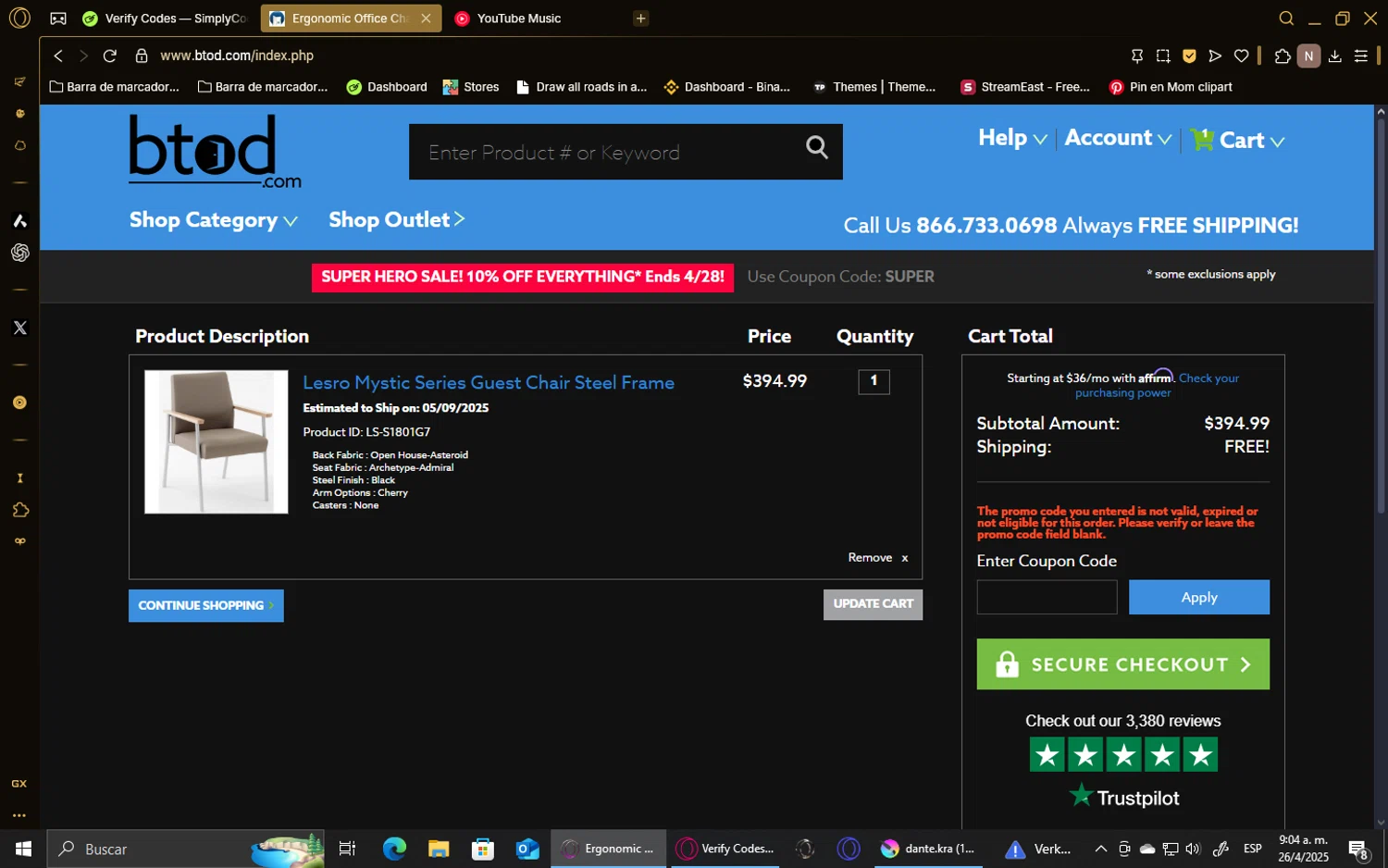 BTOD.com coupon code screenshot showing code SPRING applied at BTOD.com checkout page. Uploaded by SimplyCodes community member NezzNamelees on Apr 26, 2025