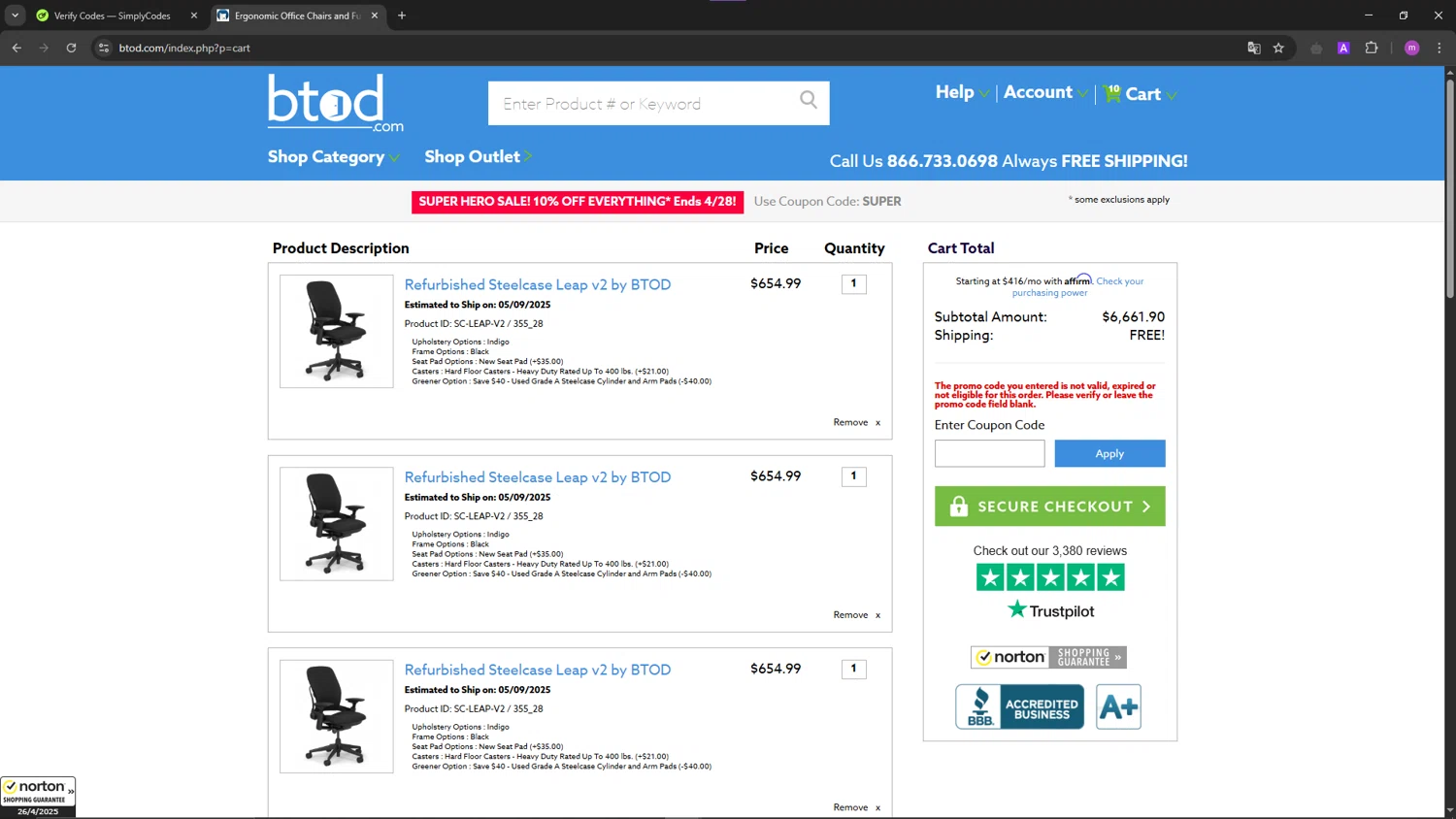 BTOD.com coupon code screenshot showing code SPRING applied at BTOD.com checkout page. Uploaded by SimplyCodes community member TokenChaser4876 on Apr 26, 2025