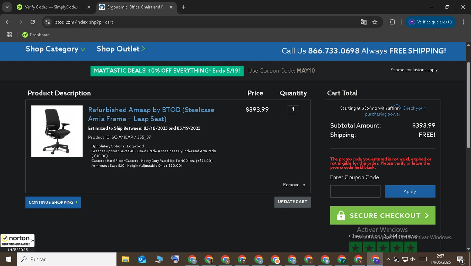 BTOD.com coupon code screenshot showing code BUNNY applied at BTOD.com checkout page. Uploaded by SimplyCodes community member MightyDefender709 on May 14, 2025