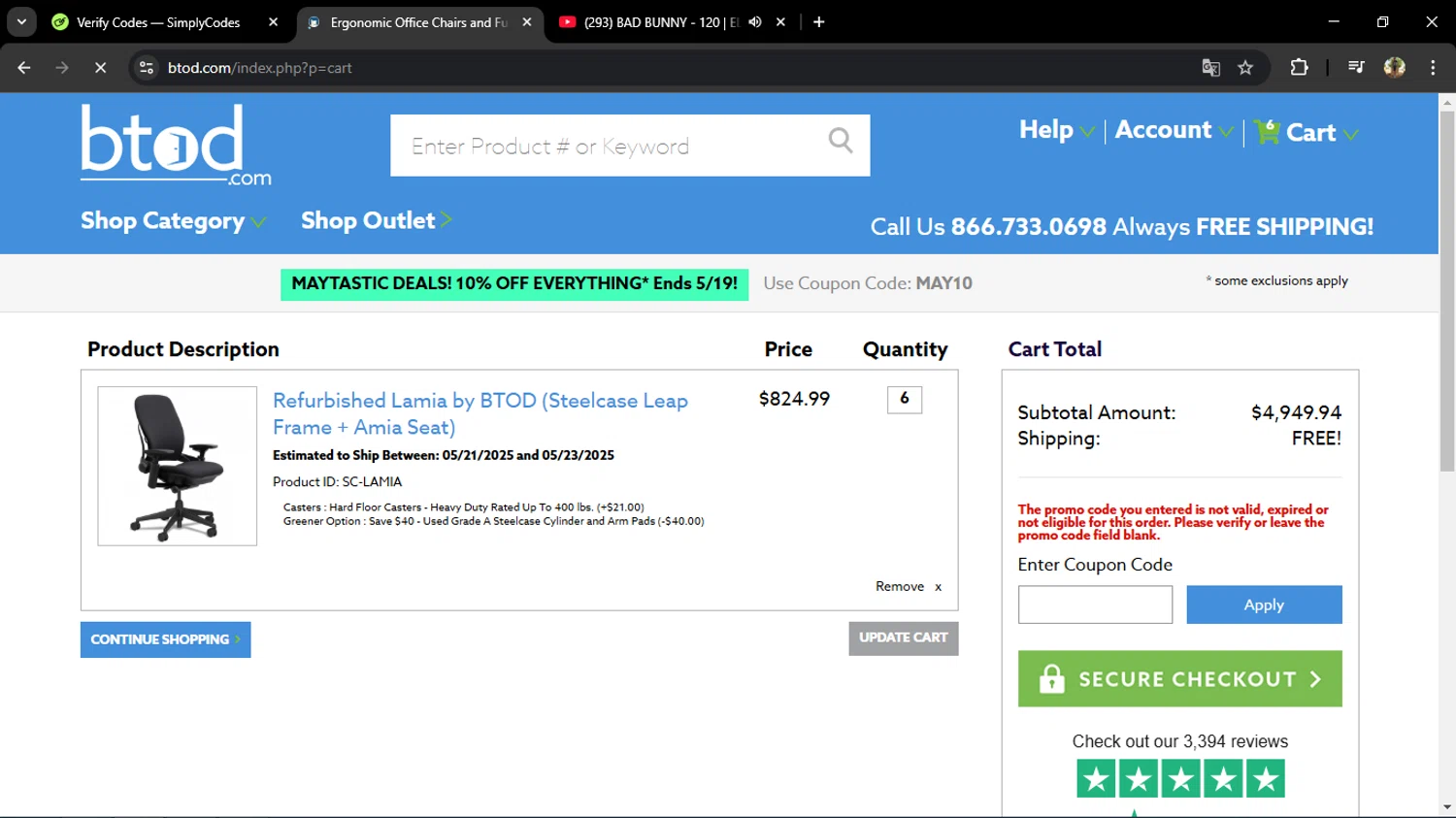 BTOD.com coupon code screenshot showing code BUNNY applied at BTOD.com checkout page. Uploaded by SimplyCodes community member ELVERDEDESAMP on May 14, 2025