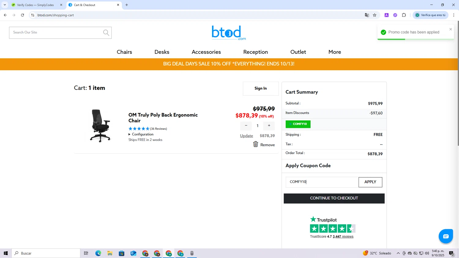 BTOD.com coupon code screenshot showing code COMFY10 applied at BTOD.com checkout page. Uploaded by SimplyCodes community member CoinCollector8010 on Oct 9, 2025