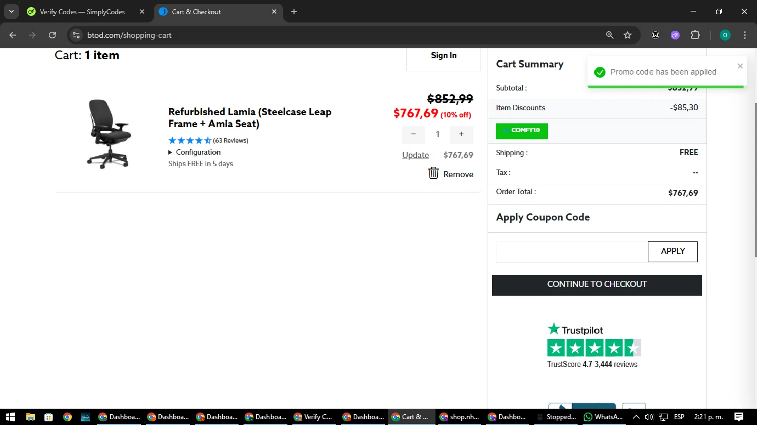 BTOD.com coupon code screenshot showing code COMFY10 applied at BTOD.com checkout page. Uploaded by SimplyCodes community member LuckyDefender9428 on Aug 12, 2025