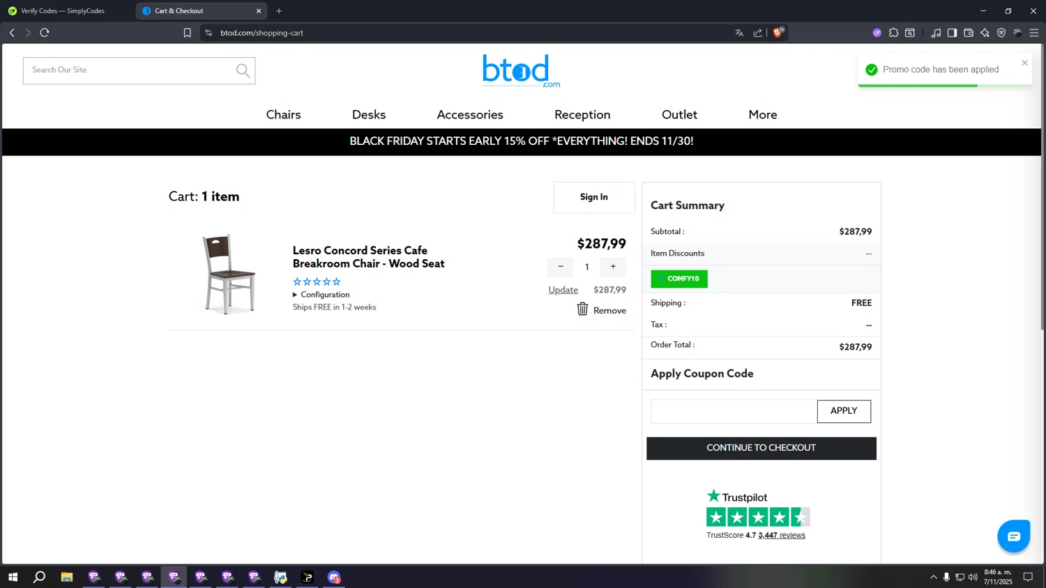 BTOD.com coupon code screenshot showing code COMFY10 applied at BTOD.com checkout page. Uploaded by SimplyCodes community member gggggggggggggggggggggg on Nov 7, 2025