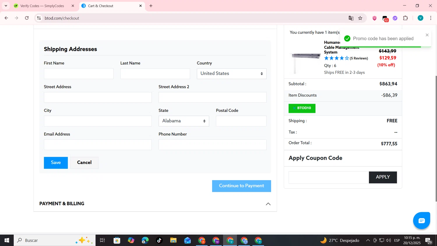 BTOD.com coupon code screenshot showing code btod10 applied at BTOD.com checkout page. Uploaded by SimplyCodes community member lyffytaro on Dec 21, 2025