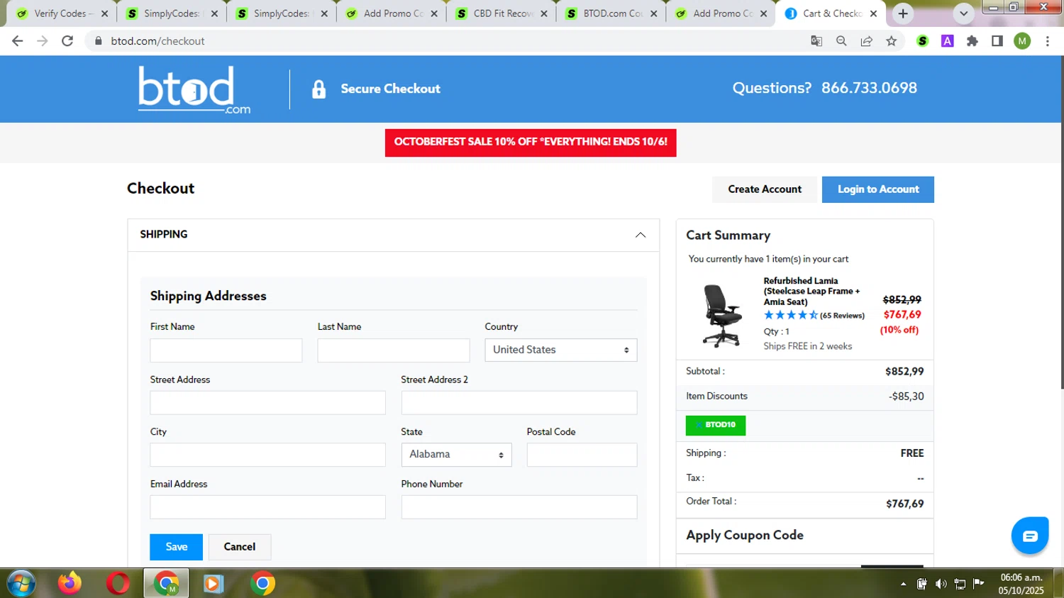 BTOD.com coupon code screenshot showing code btod10 applied at BTOD.com checkout page. Uploaded by SimplyCodes community member Diosprovee on Oct 5, 2025
