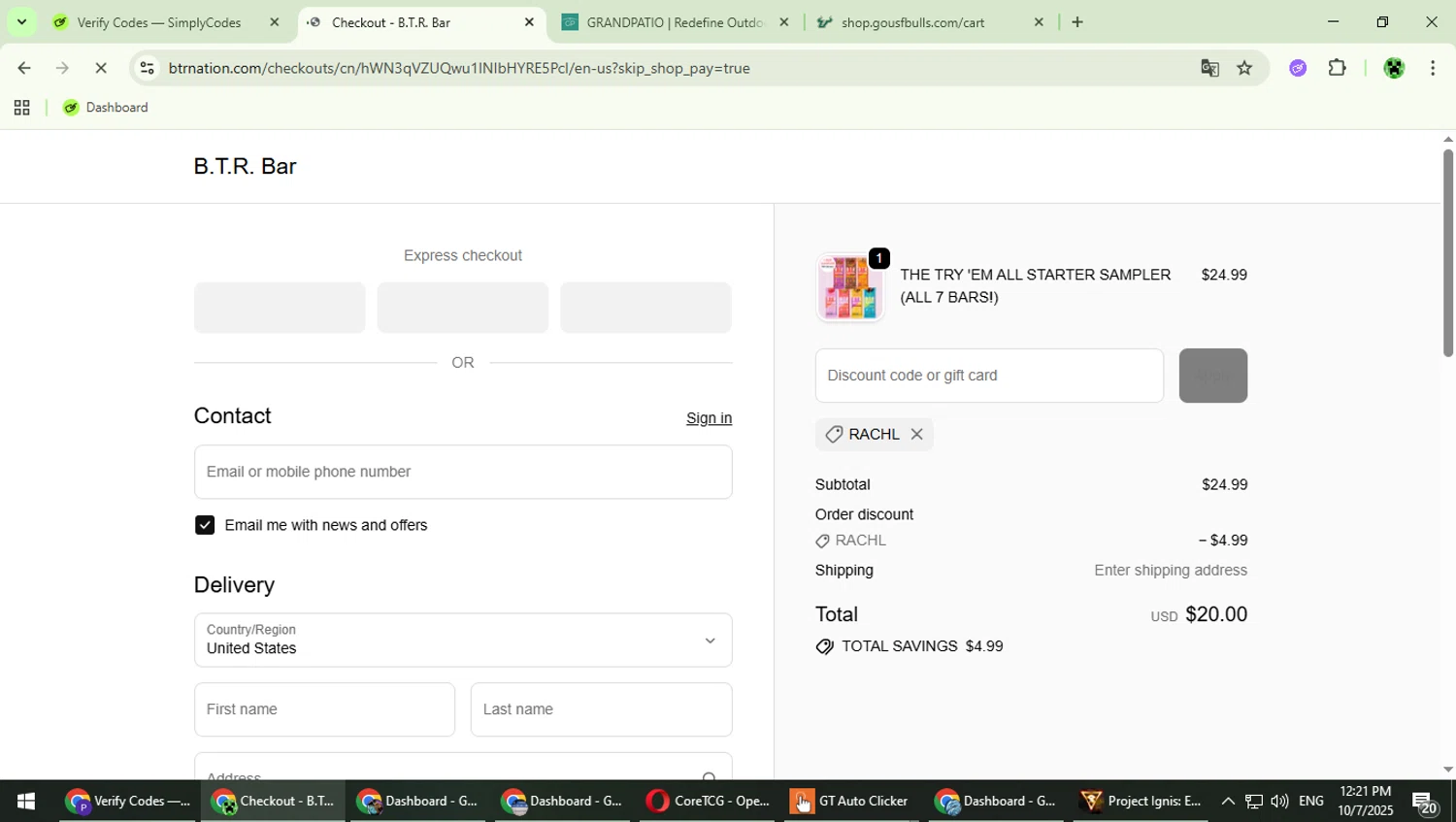 B.T.R. Bar promo code screenshot showing code RACHL applied at B.T.R. Bar checkout page. Uploaded by SimplyCodes community member MaitoGai on Oct 7, 2025