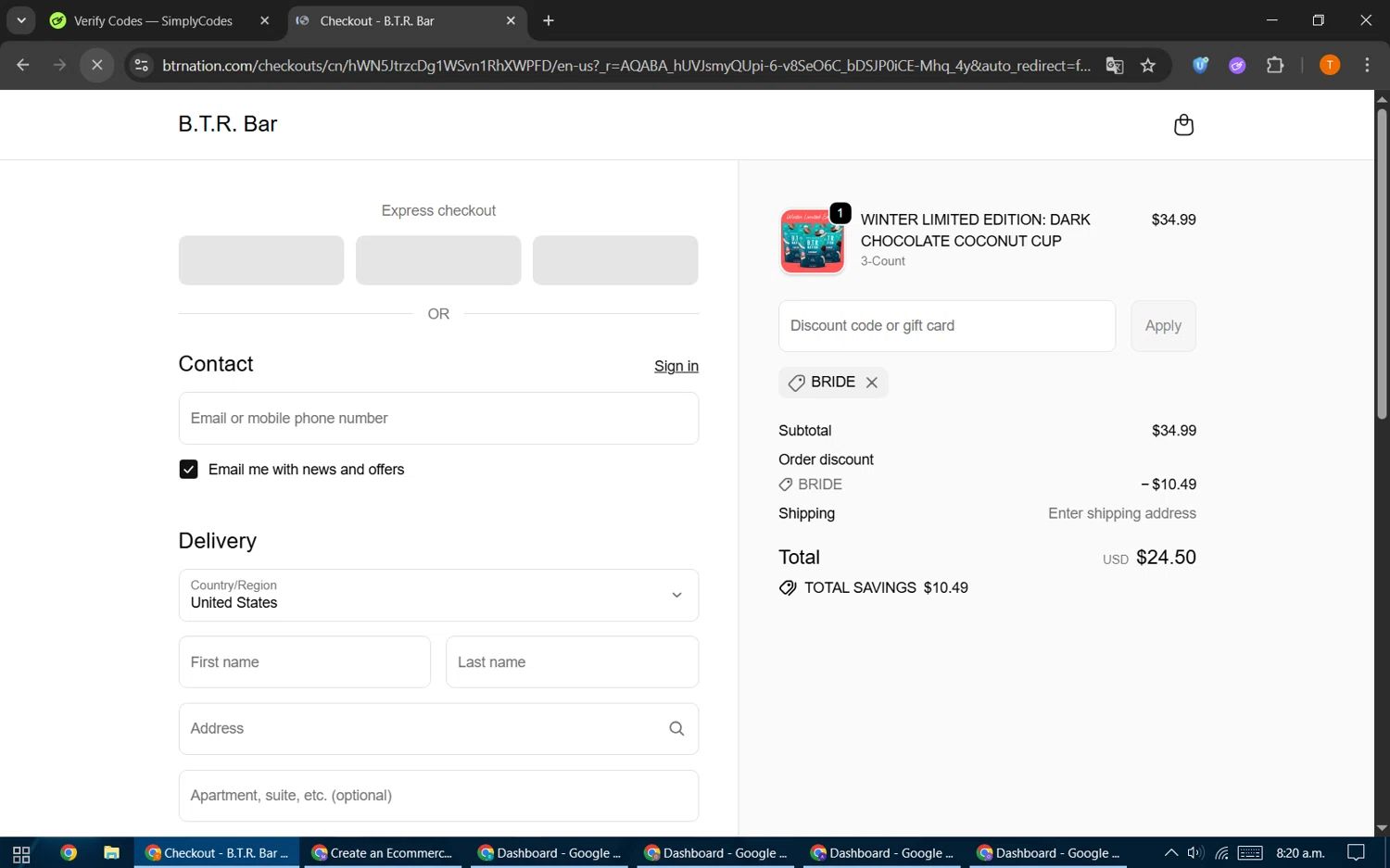 B.T.R. Bar promo code screenshot showing code BRIDE applied at B.T.R. Bar checkout page. Uploaded by SimplyCodes community member EpicHero3141 on Nov 15, 2025