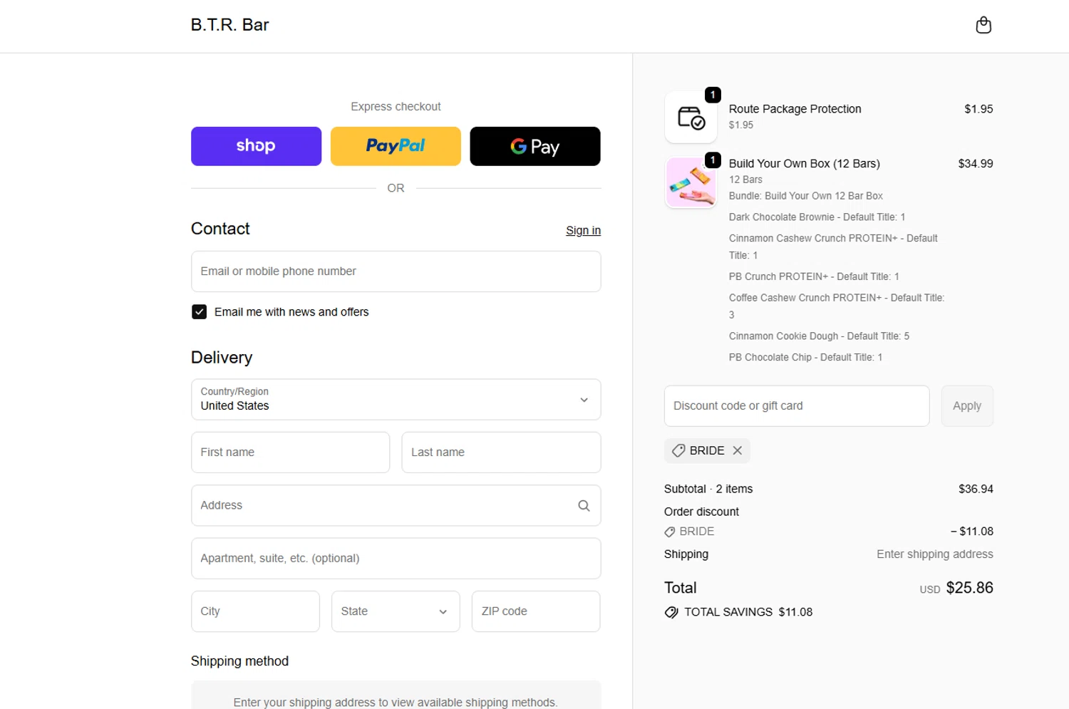 B.T.R. Bar promo code screenshot showing code BRIDE applied at B.T.R. Bar checkout page. Uploaded by SimplyCodes community member Halanweik on Jan 13, 2026