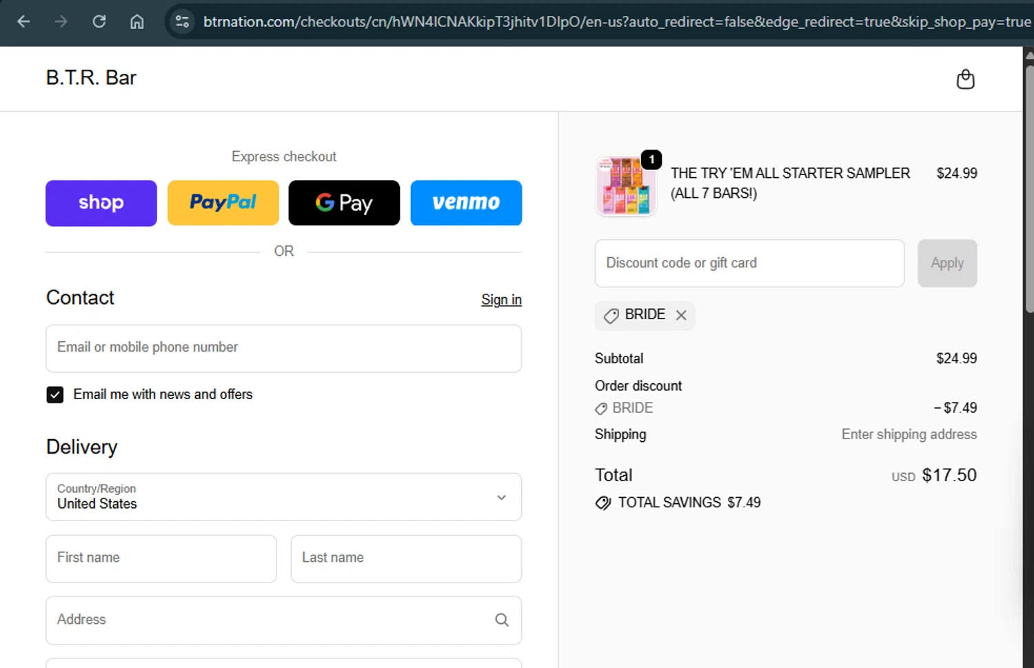 B.T.R. Bar promo code screenshot showing code BRIDE applied at B.T.R. Bar checkout page. Uploaded by SimplyCodes community member xAngel on Oct 19, 2025