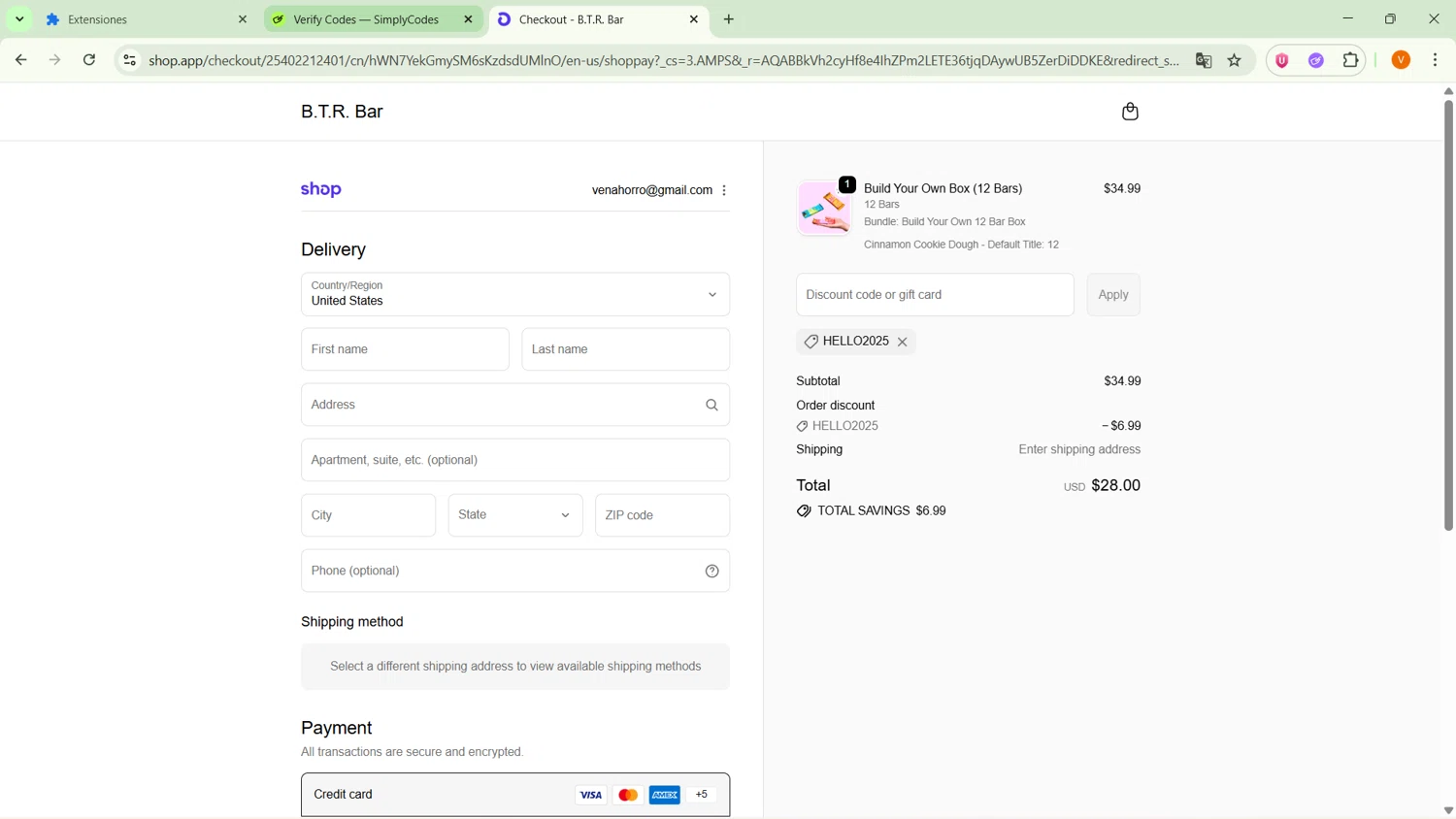 B.T.R. Bar promo code screenshot showing code hello2025 applied at B.T.R. Bar checkout page. Uploaded by SimplyCodes community member ExtraordinarySaver9637 on Jan 13, 2026